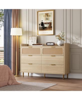 6 Drawer Double Dresser for Bedroom, 47" Wide Modern Chest of Drawers, Wooden Storage Rattan Dresser for Bedroom Living Room Hallway