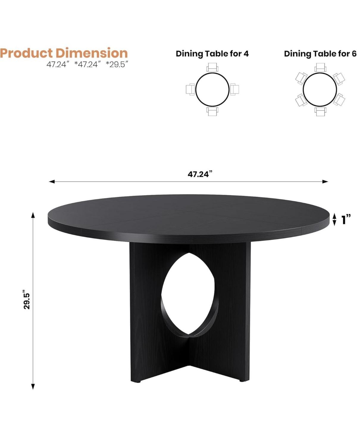 gaomon Round Dining Table, 47inch Kitchen Table for 4-6 People, with Wooden Base Tables Room, Kitchen, Living