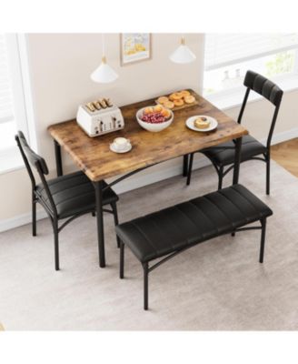 4Pcs Dining Set for 4 with Table, 2 Chairs & Upholstered Bench, Rectangular Wood Kitchen Table for Small Spaces