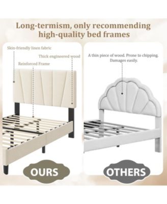 Bed Frame with Headboard Adjustable, Linen Upholstered Bed with Headboard, Mattress Foundation with Wooden Slats