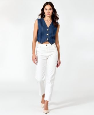 Women's V-Neck Button-Front Angled Hem Denim Vest