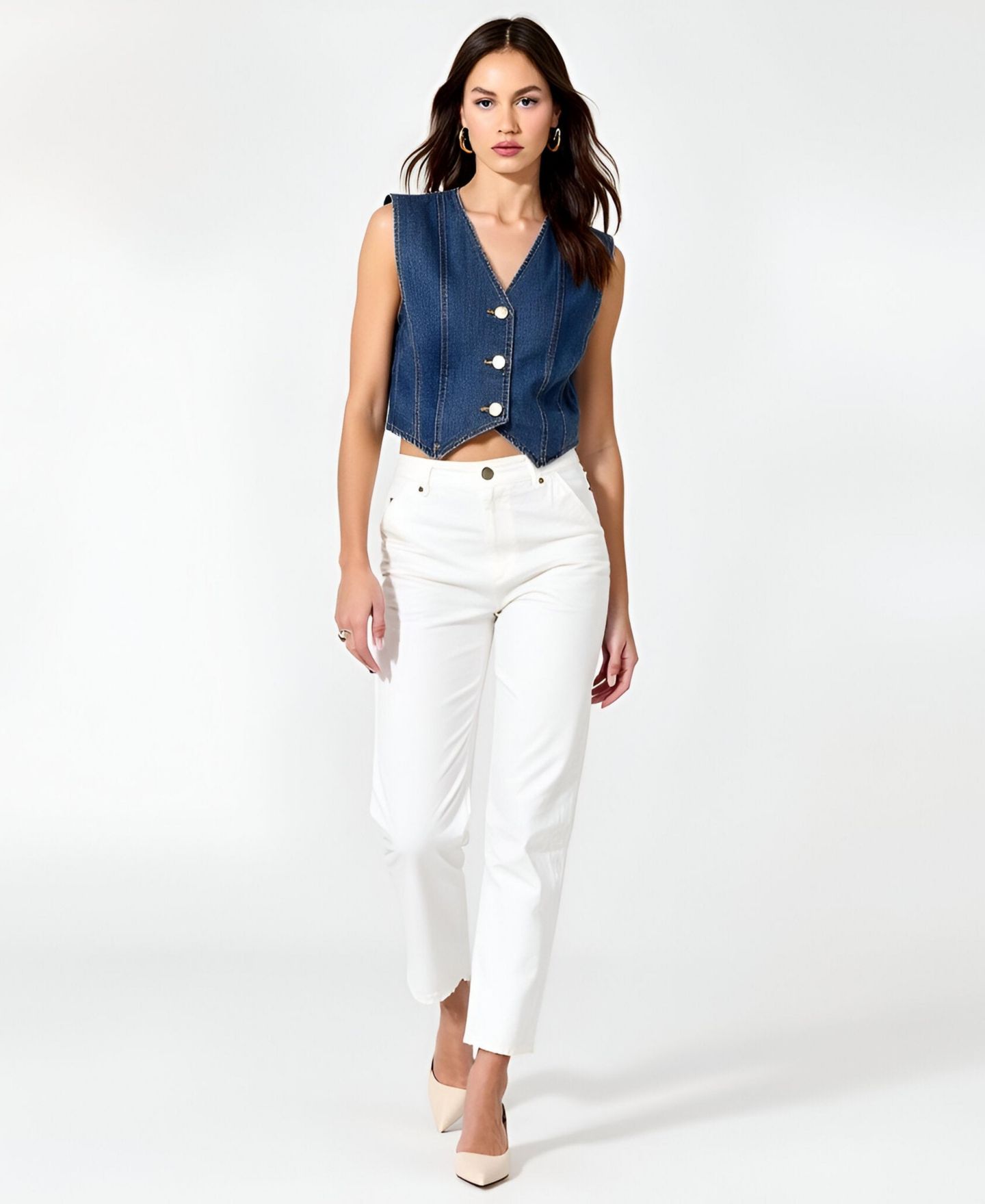 Женский жилет Modenaire V-Neck Button-Front Angled Hem Denim, цвет: Синий — фото 5