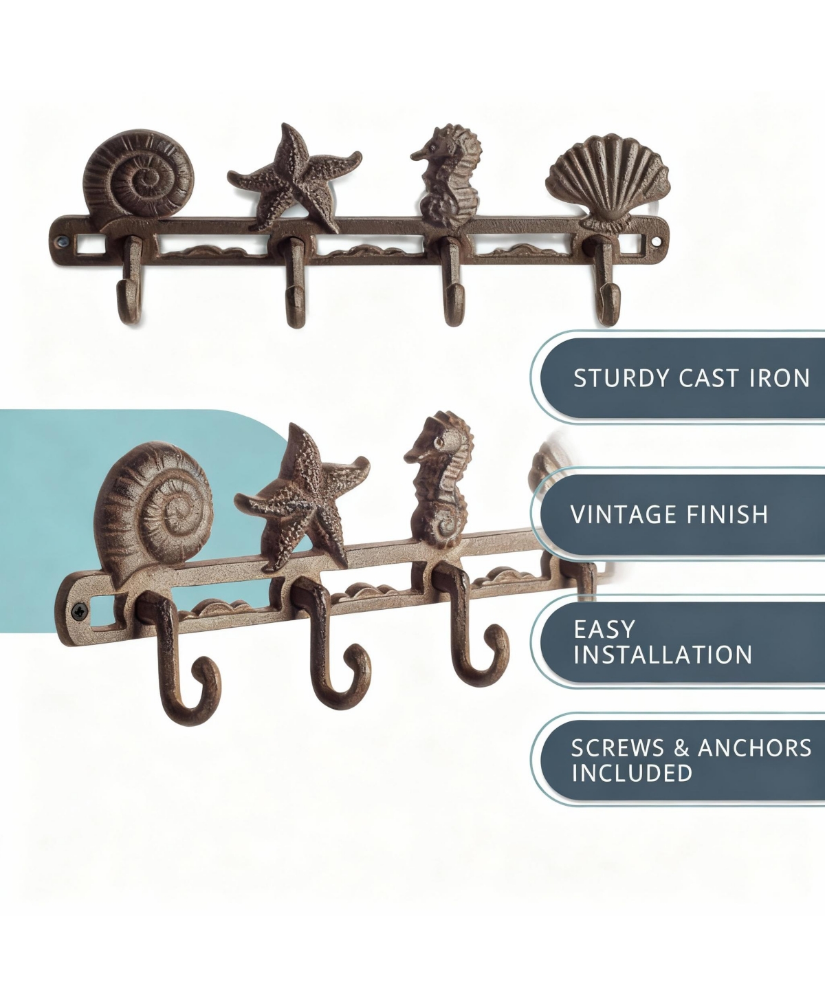 Draft - Yigii Seaside Decorative Coat Hook Rack with 4 Hooks Rustic Cast Iron