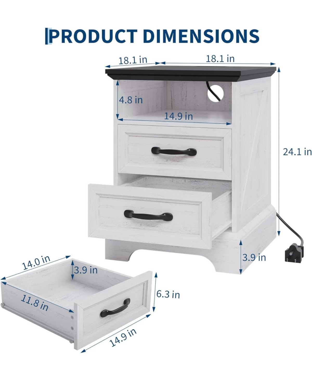 gaomon Wood Nightstand with Charging Station & 2 Drawers,Bedside Table