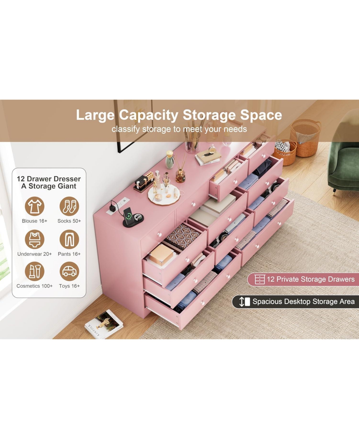 gaomon 12 Drawer 61in Modern Dresser with Charging Station, Large Tv Stand Storage Organizer for Bedroom Nursery Living Room