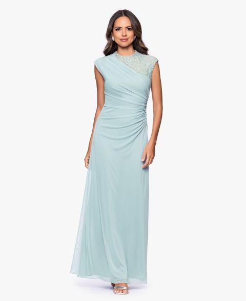 Женское платье B&A By Betsy and Adam Petite Lace Trim Ruched Sleeveless Gown, цвет: Шалфейный телесный