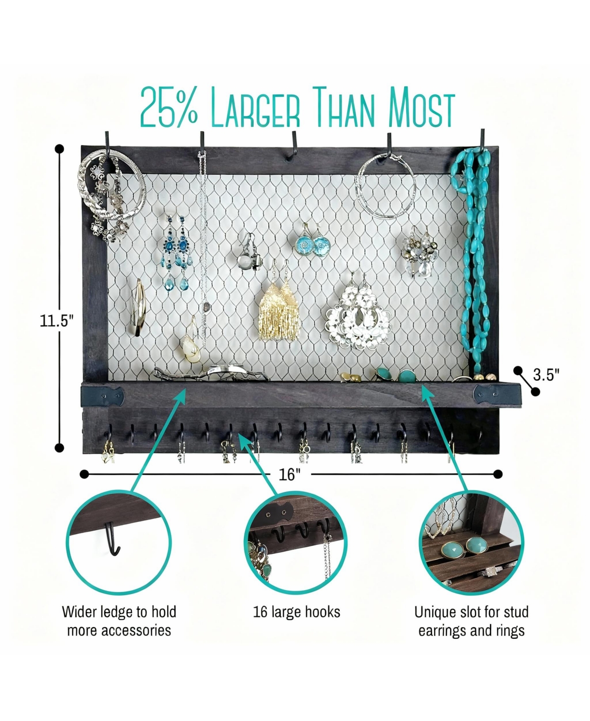 Yigii Rustic Space Saving Wall Organizer for Jewelry and Accessories