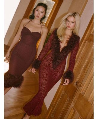 Women's Pluma Maroon Halter Faux-Fur Trimmed Midi Dress