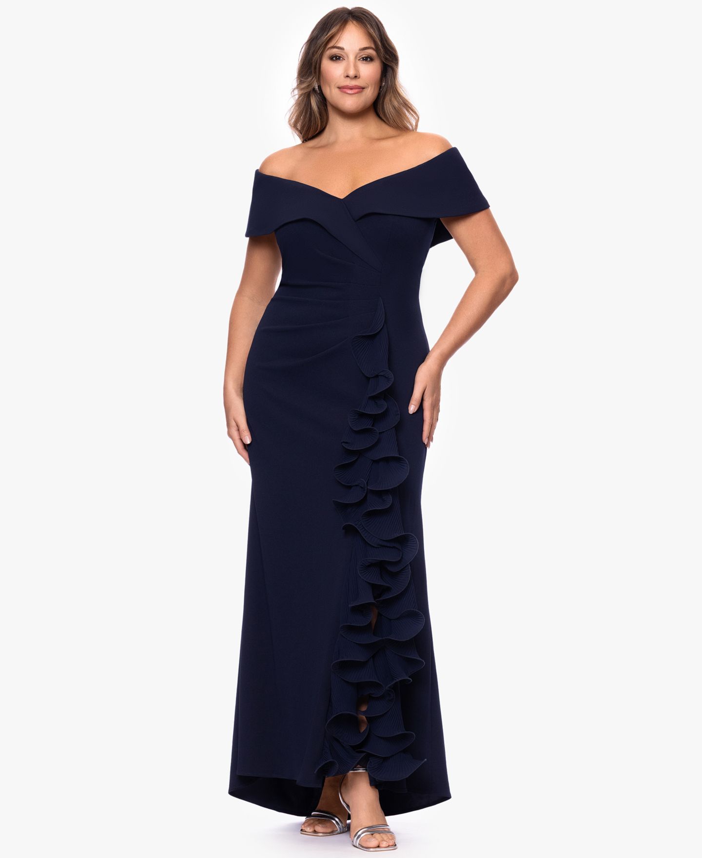 Женское платье XSCAPE Off-The-Shoulder Ruffled Gown, цвет: Тёмно-синий — фото 2