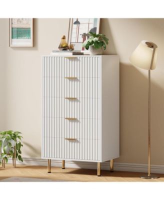 5 Drawer Dresser for Bedroom, Fluted Tall Dresser with Large Drawers and Sturdy Gold Legs Support, Dressers & Chests of Drawers for Bedroom