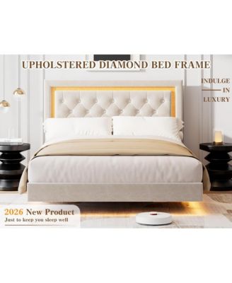 King Floating Bed Frame with Smart LED, Upholstered Diamond Headboard, Wood Slats, No Box Spring