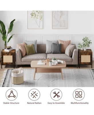 Rattan Nightstand - 188" End Table with Rattan Door Accent End Table with Storage and Metal Legs Wood Side Table for Bedroom Living