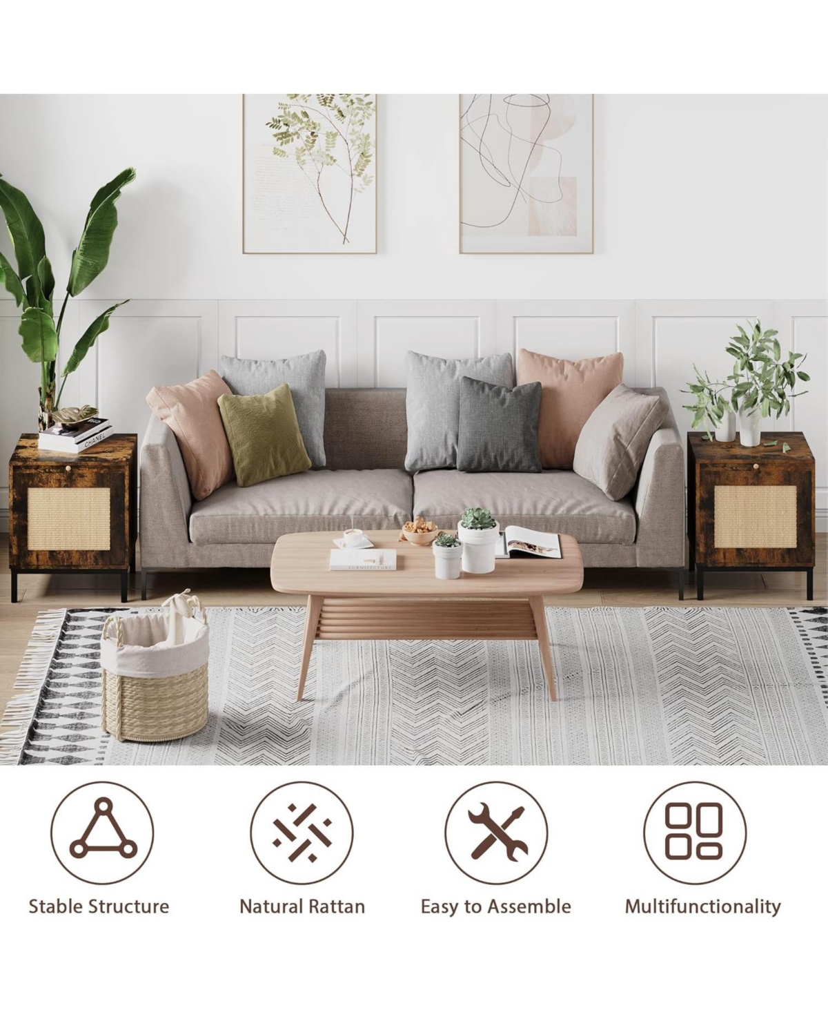 gaomon Rattan Nightstand - 188" End Table with Rattan Door Accent End Table with Storage and Metal Legs Wood Side Table for Bedroom Living