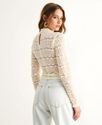 Women's Sheer Lace Scalloped Mock Neck Long Sleeve Top