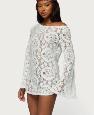 Women's Off Shoulder Sheer Lace Mini Dress