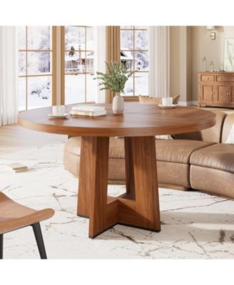47" Round Dining Table for 4-6 People - Kitchen Dinner Table with Thickened Edge & Sturdy Pedestal Base, Space Saving Dinning Room Furniture