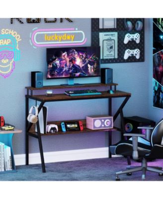 Small Space Computer Desk with Monitor Stand and Storage Shelf, Study Workstation