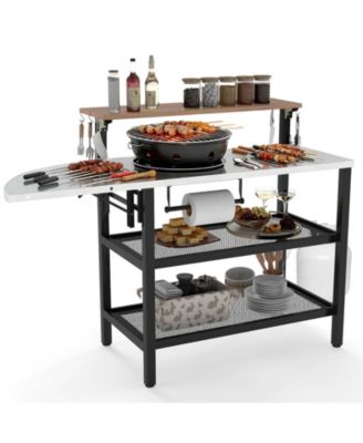Outdoor Foldable Grill Table with Flip-Up Top and 2 Storage Shelves for Backyard