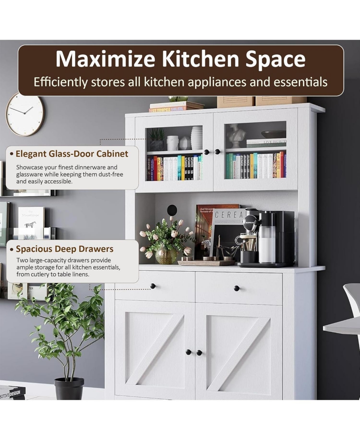 gaomon 63" Tall Kitchen Pantry Cabinet with Drawers, Hutch & Glass Doors