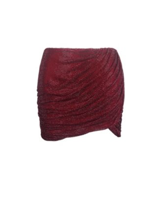 Women's Darleen Crimson Rhinestone Mesh Low Waist Ruched Skirt