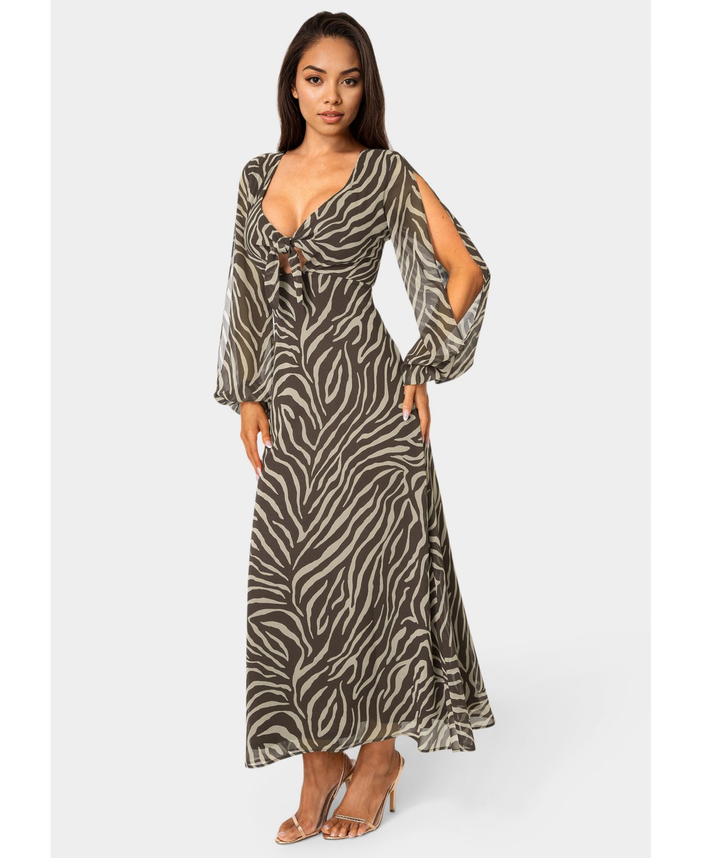 Женское платье Bebe Printed Chiffon Tie Front Maxi, цвет: Шоколадный — фото 2