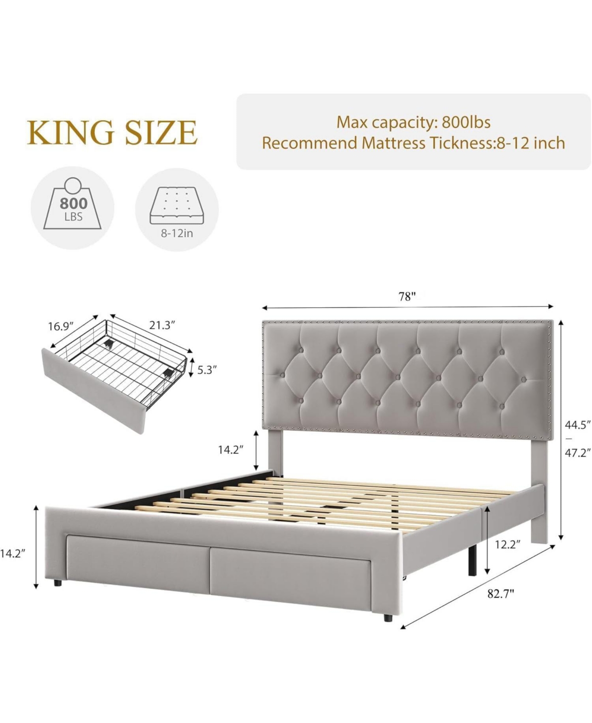gaomon Bed Frame with 2 Storage Drawers, Vintage Headboard Bedframe upholstered Platform, Wooden Slat Support, Noise Free