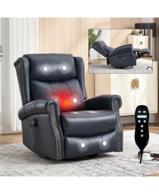 Heat Massage Manual Recliner Chair with Rocker and Swivel in Genuine Leather for Living Room