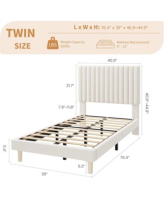 Velvet Bed Frame, Vertical Channel Tufted Headboard, Height Adjustable, Upholstered Platform Bed, No Box Spring Needed