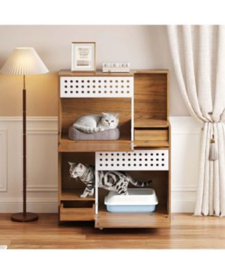 Modern 2-in-1 Cat Furniture: Litter Box Cabinet & Cat House Side Table with Storage