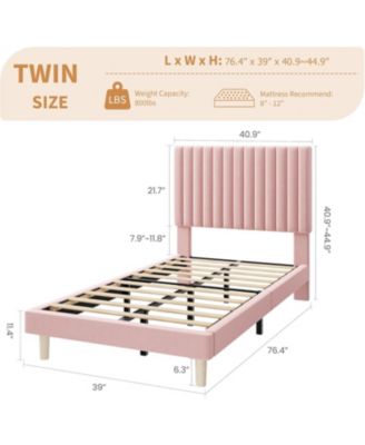 Twin Size Velvet Bed Frame, Vertical Channel Tufted Headboard, Height Adjustable, Upholstered Platform Bed, No Box Spring Needed