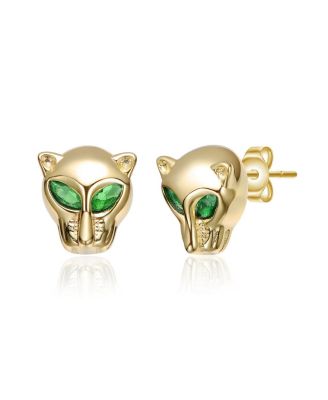 Green CZ Animal Face Stud Earrings in 14K Gold Plated
