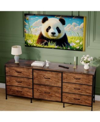 8 Drawer Fabric Dresser TV Stand with Wooden Top, Metal Frame Storage Chest, Wide Closet Orgzr for Bedroom Living Room Hallway, Natural Wood