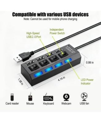 4-Port USB 2.0 Hub with Independent Switches, Portable USB Splitter for Desktop & Laptop, Ideal for Gamers, Office
