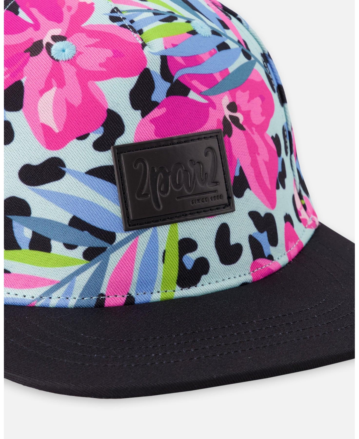 Draft - Deux par Deux Baby Girls Cap Blue Floral and Leopard Print