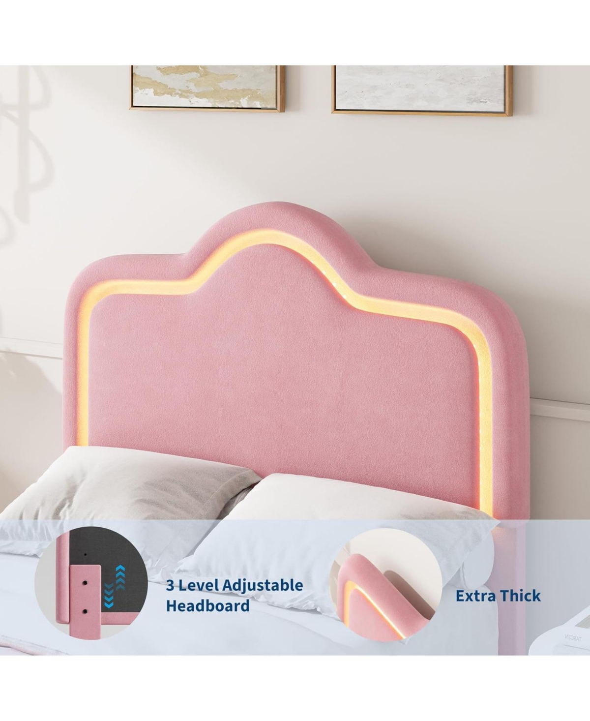 Gaomon Twin Size Bed Frame with Adjustable Led Headboard, Velvet Upholstered Princess Platform Bedframe with Footboard for Kids/Girls