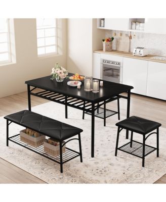 Gomon 4-Piece Dining Table Set with Upholstered Bench & 2 Stools, Storage Shelf, Space Saving Compact Kitchen Dining Table Set
