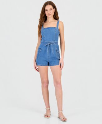 Juniors' Sleeveless Drawstring-Waist Denim Romper