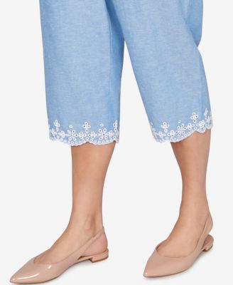 Plus Size Caribbean Blues Eyelet Embroidered Cuff Capri Pants