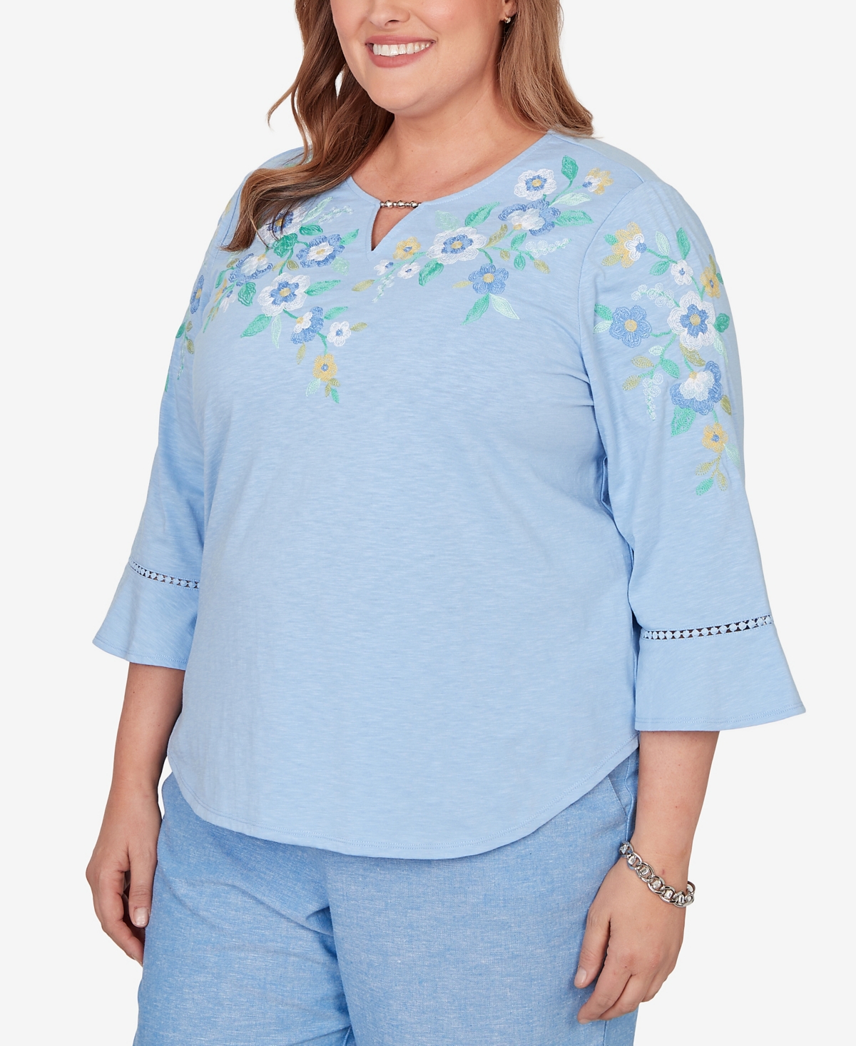 Alfred Dunner Plus Caribbean Blues Floral Embroidered Split Neck Top