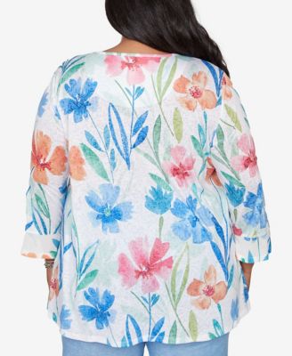 Plus Size Caribbean Blues Whimsical Flower Bell-Sleeve Top