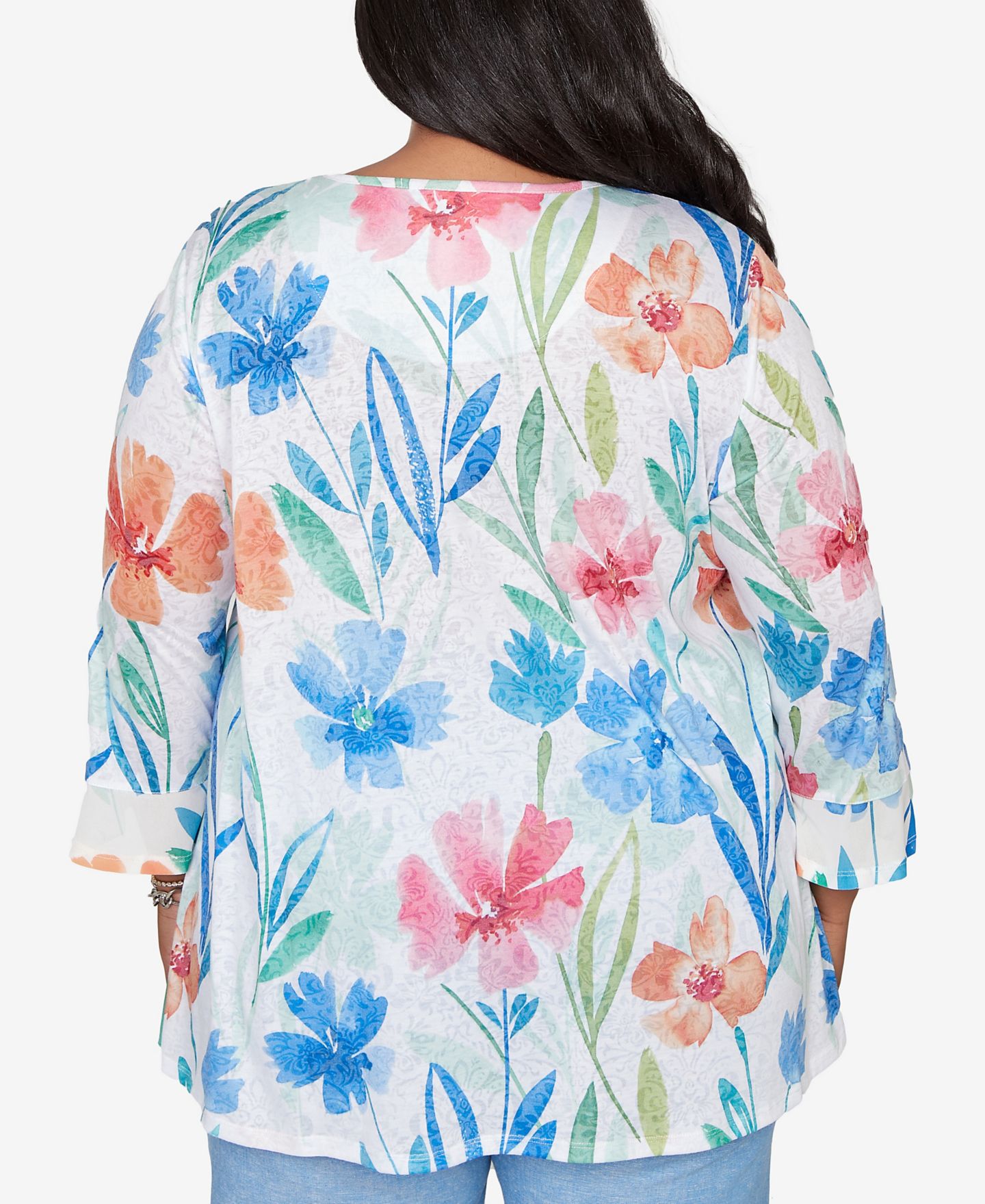 Женский топ Alfred Dunner Plus Size Caribbean Blues Whimsical Flower Bell-Sleeve, цвет: Синий разноцветный — фото 6
