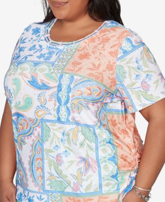 Plus Size Caribbean Blues Patchwork Scroll Side Tie Ruched Top