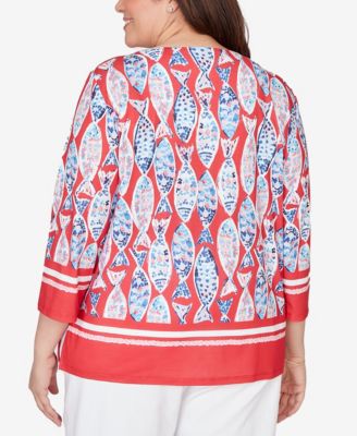 Plus Size Port Side Mosaic Fish Split Beaded Neck Top