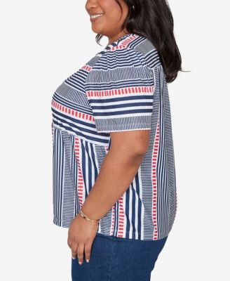 Plus Size Port Side Spliced Mixed Stripe Flutter-Sleeve Top