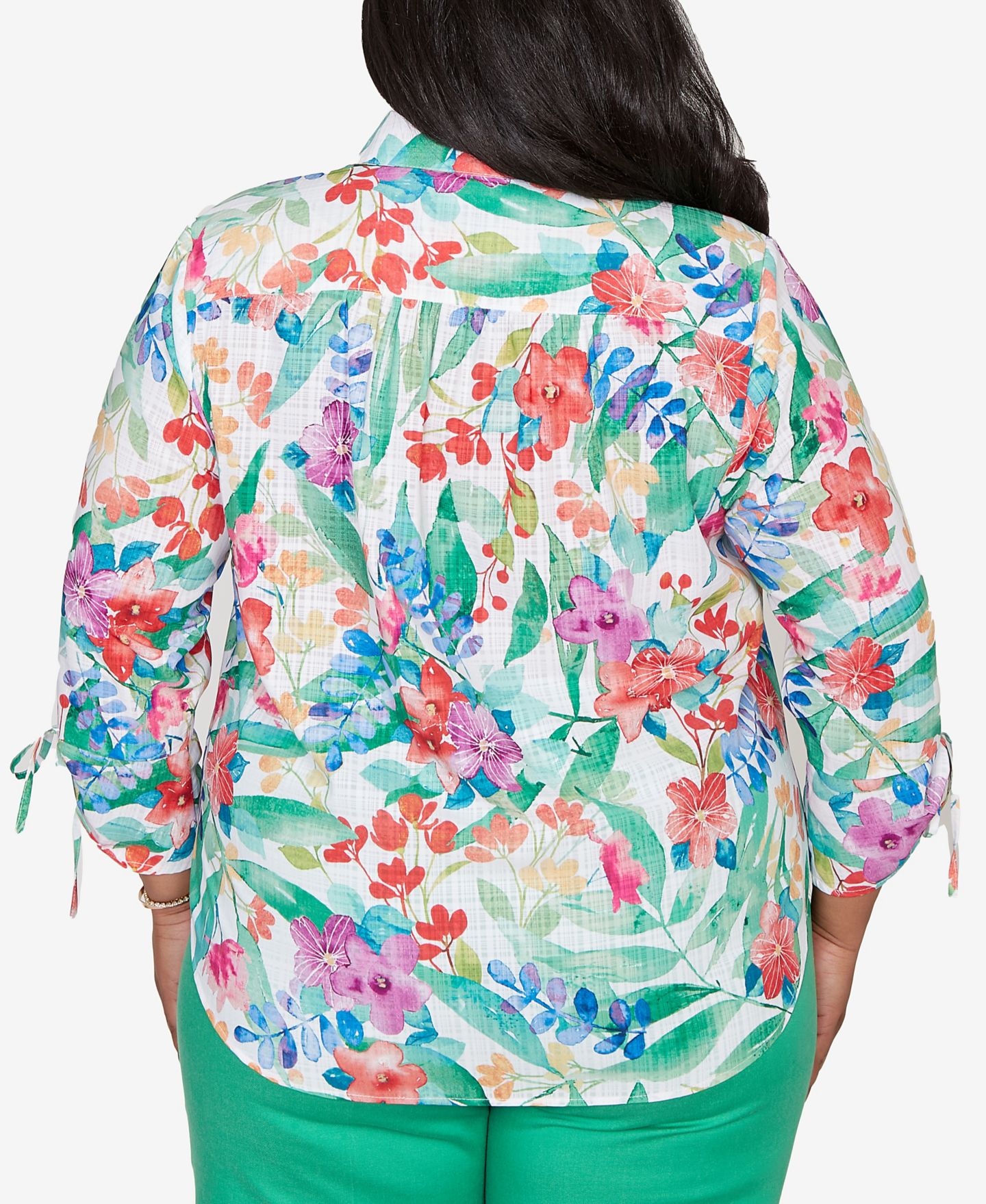 Женский топ Alfred Dunner Plus Size Resort Living Tropical Print Tie-Sleeve Button-Front, цвет: Зелёный разноцветный — фото 6