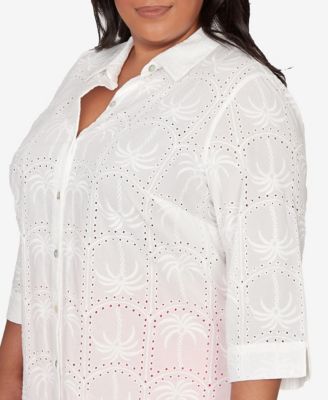 Plus Size Resort Living Eyelet Palm Tree Button Front Top