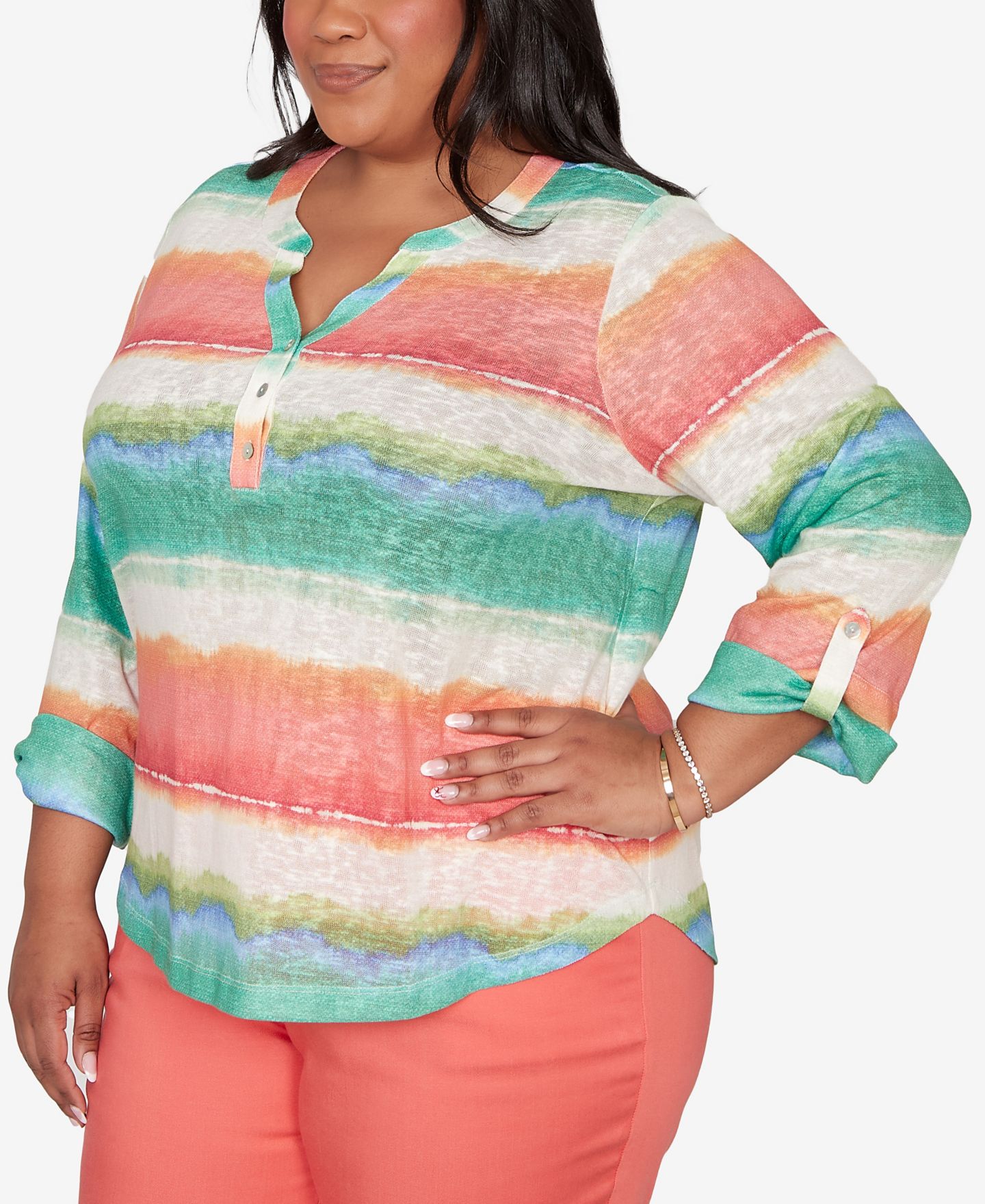 Женский топ Alfred Dunner Plus Size Resort Living Biadere Tie Dye Stripe Henley, цвет: Оранжевый разноцветный — фото 3