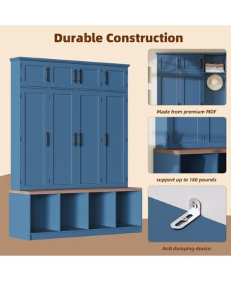 Farmhouse Hall Tree Walnut Seating Bench with 4 Hanging Hooks for Living Room