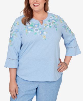 Plus Size Caribbean Blues Floral Embroidered Split Neck Top