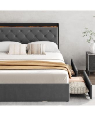 Storage Bed Frame with Headboard, 4 Drawers Under Storage Beds, Built in USB Charging Station Headboard